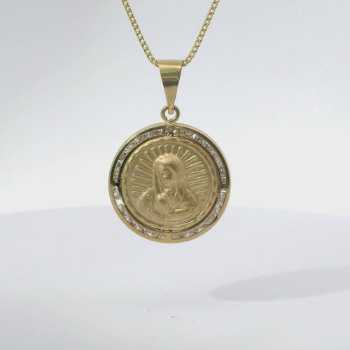 14KT Gold Charm Medium Puff Virgin Mary Coin with White CZ Stone Border and Plain Bell