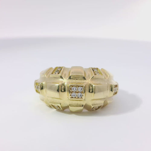 14KT Gold Ring Women's Raised Pineapple Granade with Seven White CZ Stones Sections and Plain Band