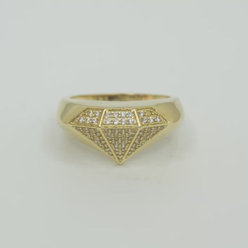 14KT Gold Ring Men's Diamond Shape Ring Outline White CZ Stones Inside Each Facet Plain Band