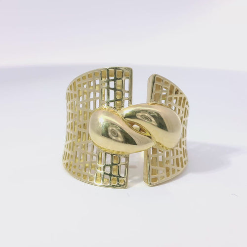 14KT Gold Ring Women's Abstract Bubble Double Tear Drops with Brick Pattern Lattice Cutout Band