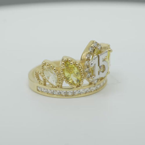 14KT Gold Ring Women's "15" Quinceanera Crown Yellow/ White CZ Stones with White Square CZ Stones Band