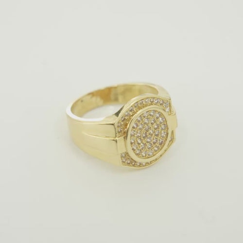 14KT Gold Ring Men's Oval White CZ Stone Cluster Center Design with White CZ Stones Upper and Lower Borders Side Design Plain Waterfall Edge