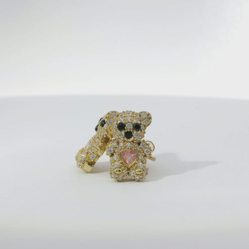 14KT Gold Earring Small White CZ Stones Teddy Bear with Black CZ Stones Eyes, Pink Heart CZ Stone Belly, Push Back Post, and Butterfly Backs