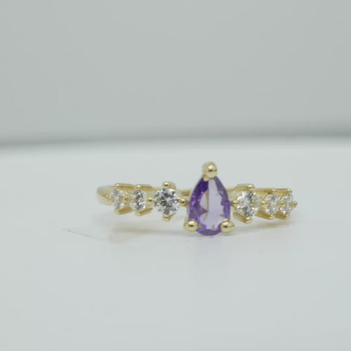 14KT Gold Ring Women's Purple Pear CZ Center 3 Round White CZ Stones Shoulders Plain Band