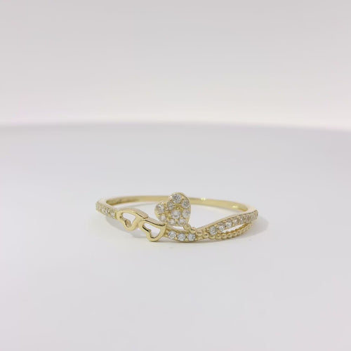 14KT Gold Ring Women's Light Weight Double Open Hearts with White CZ Stone Balloon and Band
