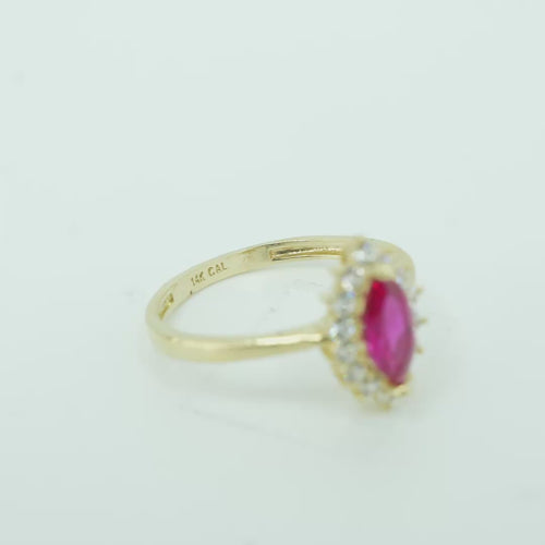 14KT Gold Ring Women's Flower Red Marquise Center CZ Stone with White CZ Stone Petal Borders and Plain Band