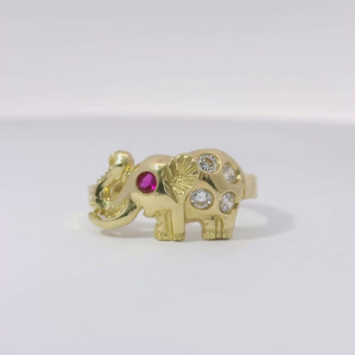 14KT Gold Ring Women's Left Facing Dark Pink Eye Elephant Shape with 4 White CZ Stones Body Plain Band