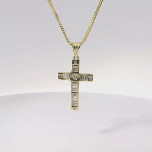 14KT Gold Charm Medium Baguette CZ Stones Cross with Six White Round CZ Stones Ends and Plain Bell