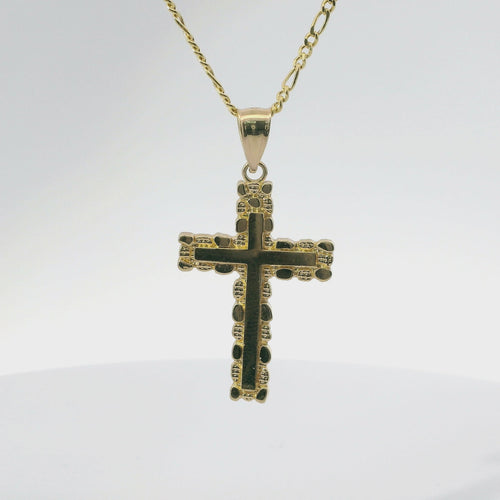 14KT Gold Charm Small Nugget Cross with Engravable Center and Plain Bell