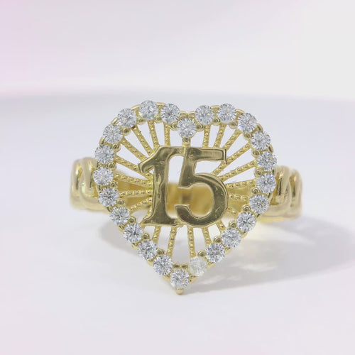 14KT Gold Ring Women's Quinceanera "15" Open Sunray Stripe Heart Center with White CZ Stones Border and Chino Link Band