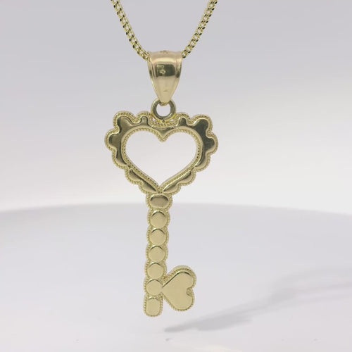 14KT Gold Charm Large Heart Skeleton Key with Plain Bell