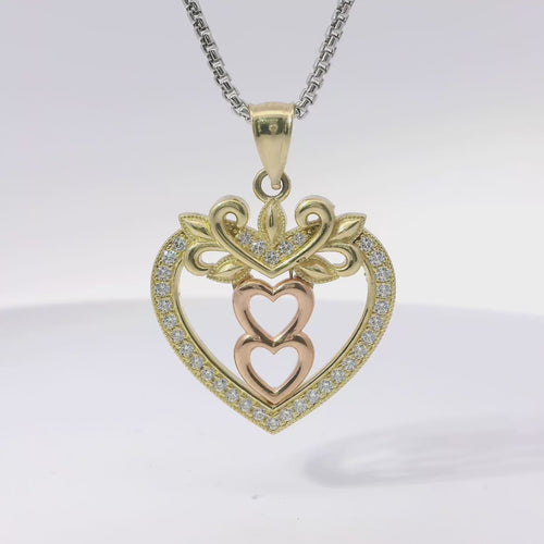 14KT Gold Charm Jumbo Two Tone White CZ Stone Open Heart Outline with Two Plain Rose Gold Open Heart Center and Plain Bell