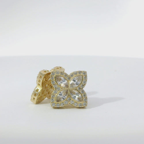 14KT Gold Earrings Small 3D White Marquise CZ Stones Four Leaf Clover with White CZ Stones Border, Plain Edge, and Push Back Post with Butterfly Backs