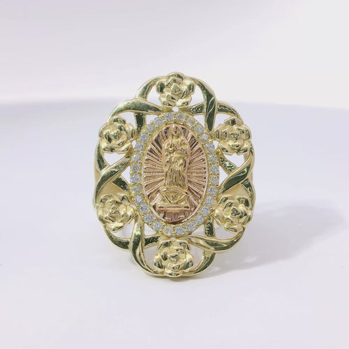 14KT Gold Ring Women's Two Tone Oval Virgin Mary Sunray Center with White CZ Stones Border Floral Ribbon Border Split Band