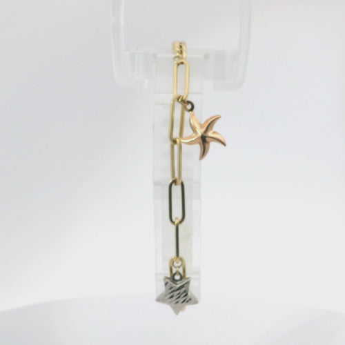 14KT Gold Bracelet Women's Tri Tone Two Charm Puff Star Paperclip Link Center with Cuban Link Band and White CZ Stone End Lobster Clasp