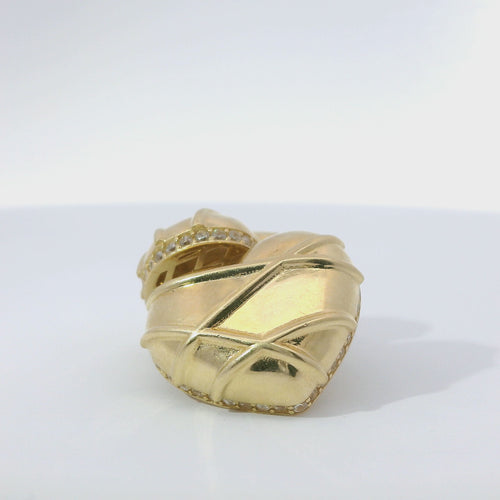 14KT Gold Earrings Large Puff Chocolate Heart with White CZ Stones Edge, Push Back Post, and Butterfly Backs