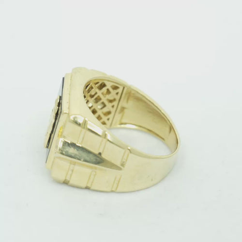 14KT Gold Ring Men's Square Onyx St. Jude White CZ Top Stones Side Design 3D Diamond Column Shape