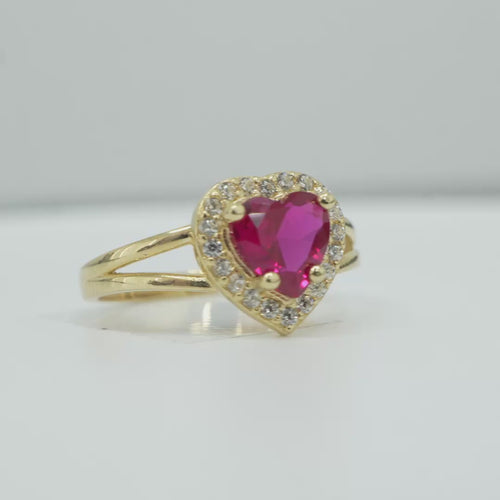 14KT Gold Ring Women's Red Heart Shape Center CZ Stone with White CZ Stone Border and Plain Heart Shape Outer Border Plain Split Band