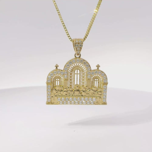 14KT Gold Charm Extra Large Last Supper Archway Background with White CZ Stones Border and Bell