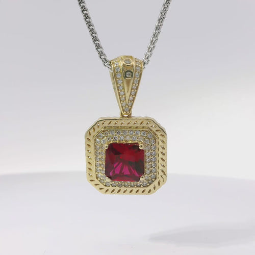 14KT Gold Charm Large Red Square Center CZ Stone Double Platform Border of Round White CZ Stones Mock Link Border and Bell