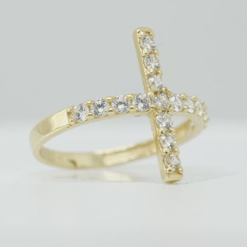 14KT Gold Ring Women's Jumbo Round White CZ Stones Cross and Plain Band