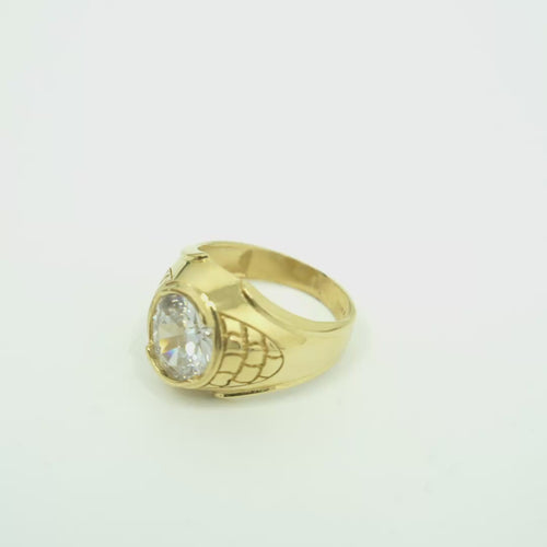14KT Gold Ring Men's Large Oval White CZ Center Stone Plain Border Brick Style Band Design