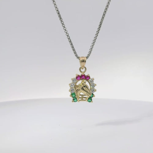 14KT Gold Charm Small Horsehead Center with Red, White, and Green CZ Stones Horseshoe Border and Plain Bell