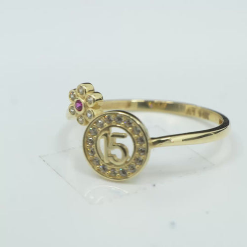 14KT Gold Ring Women's "15" Round Quinceanera White CZ Stones Border and Corner Six Petal White CZ Stones Flower with Dark Pink Center Plain Band