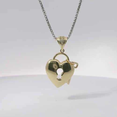 14KT Gold Charm Small Flat Back Lock and Key Puff Heart with White CZ Stones Edge and Bell