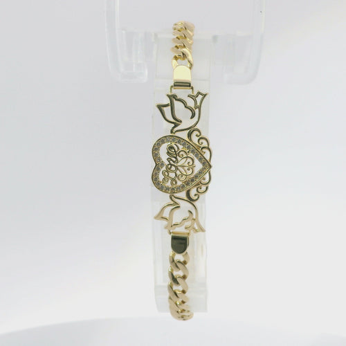 14KT Gold Bracelet Women's Heart Center "Love" Birds Plaque with White CZ Stones Borders and White CZ Stone End Cuban Link Lobster Clasp Band