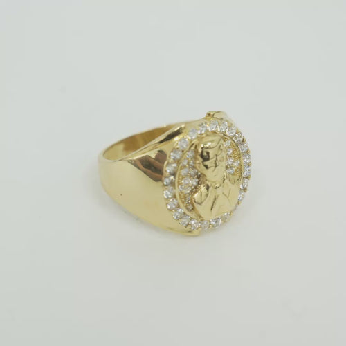 14K Gold Ring Men's Round Malverde Portrait with White CZ Stone Border and Plain Band