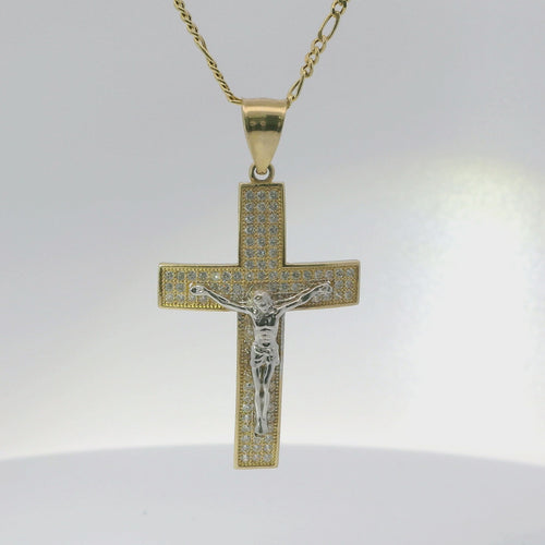 14KT Gold Charm Extra Large Two Tone Three Row White CZ Stones Crucifix Cross with Plain Bell