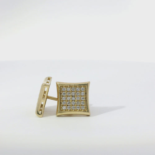 14KT Gold Earring Small Pinched Square White CZ Stones Cluster with Plain Border, Push Back Post, and Butterfly Backs