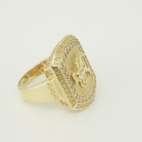 14KT Gold Ring Men's Curved Rectangle Raised Full Horse with White CZ Stones Border and Greek Outer Border Plain Band