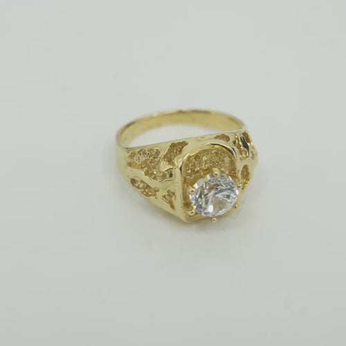 14KT Gold Ring Men's Rounded Corner Rectangle 6 Prongs White CZ Center Stone Platform with Shank Hollow Nugget