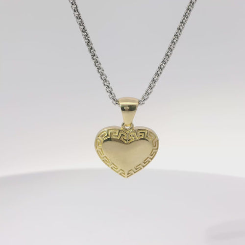 14KT Gold Charm Small Engravable Greek Border Heart with Plain Bell