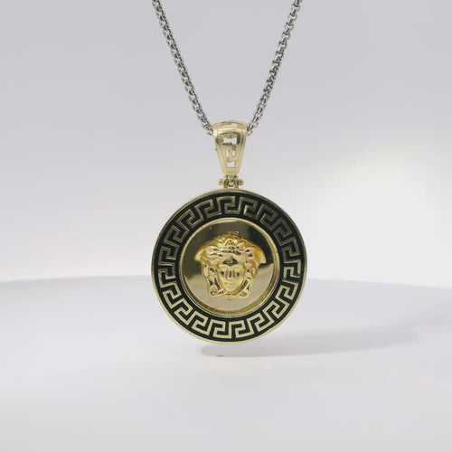 14KT Gold Charm Large Round Medusa Coin with Black Enamel Greek Border and Bell