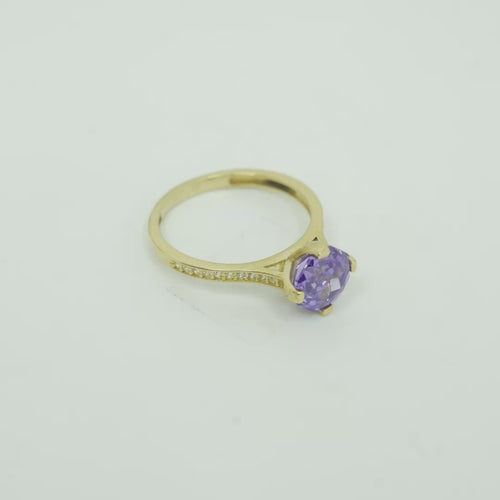 14KT Gold Women's Ring Octagon Rose Mini 4 Prong Purple CZ Center Stone with Round White Pave CZ Stone Band