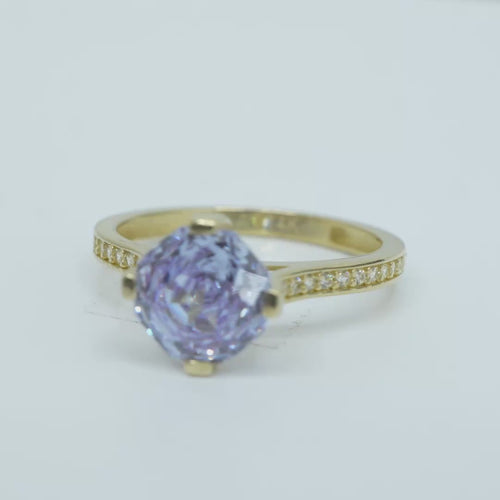 14KT Gold Ring Women's Octagon Rose Mini Four Prong Light Purple CZ Center Stone with Round White Pave CZ Stone Band