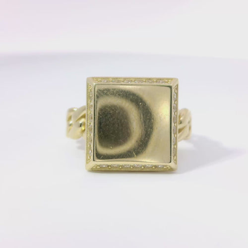 14KT Gold Ring Women's Engravable Square Center with White CZ Stones Edge and Cuban Link Band