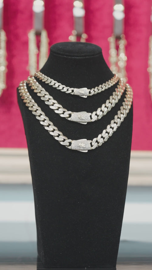14KT Gold Chain Hollow Crown Miami Link with Lion Shape Emblem on White CZ Stones Designer Clasp 1.5mm