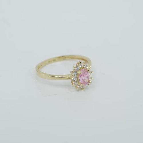 14KT Gold Ring Women's Flower Oval Pink Center Stone with White CZ Stone Petals Border Plain Band