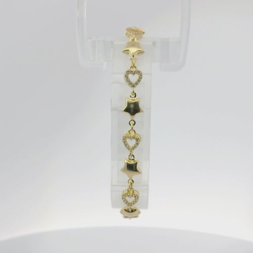 14KT Gold Bracelet Women's Alternating White CZ Stones Open Hearts and Plain Puff Stars and White CZ Stone End Cuban Link Lobster Clasp Band
