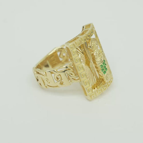 14KT Gold Ring Men's Rectangle Mini St. Jude Greek Border with White/Green CZ Stones Robe and Chino Link Band