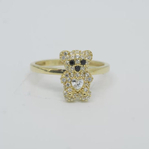 14KT Gold Ring Small White CZ Stones Teddy Bear with White Heart CZ Stone Belly, Black Eyes, and Plain Band