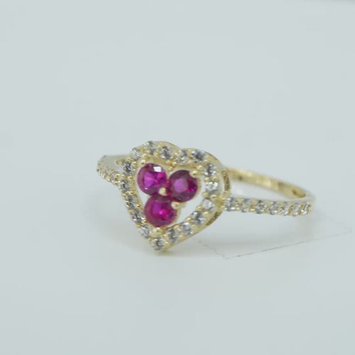 14KT Women's Gold Ring Three Red Round Center CZ Stones Center Open Heart Outline Border White CZ Stones Band