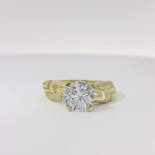 14KT Gold Ring Women's Four Prong Round Cushion Cut White CZ Stone Solitaire with White CZ Stone and Greek Twisted Band
