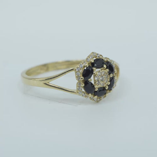14KT Gold Ring Women's Flower Mini 6 Black Oval Petals with Round White CZ Stones Center and White CZ Stone Leaf Outline Border and Plain Split Band