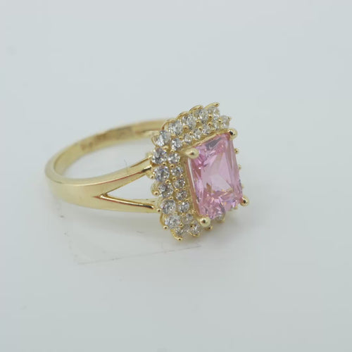 14KT Gold Ring Women's Rectangle Pink CZ Center with Round Double White CZ Stones Border and Plain Split Band