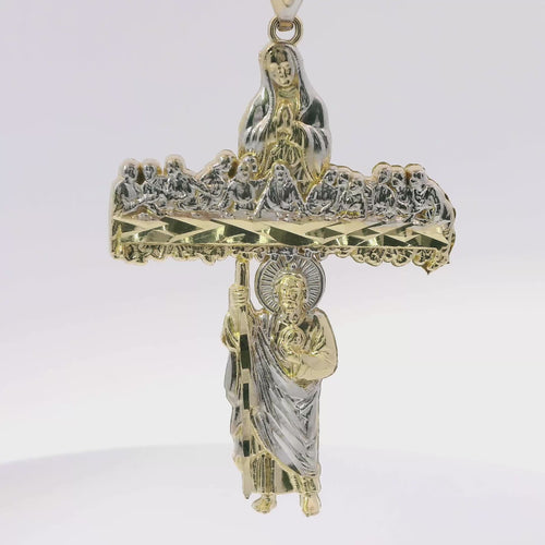 14KT Gold Charm Large Two Tone Last Supper Cross with Virgin Mary and St Jude Center and Plain Bell
